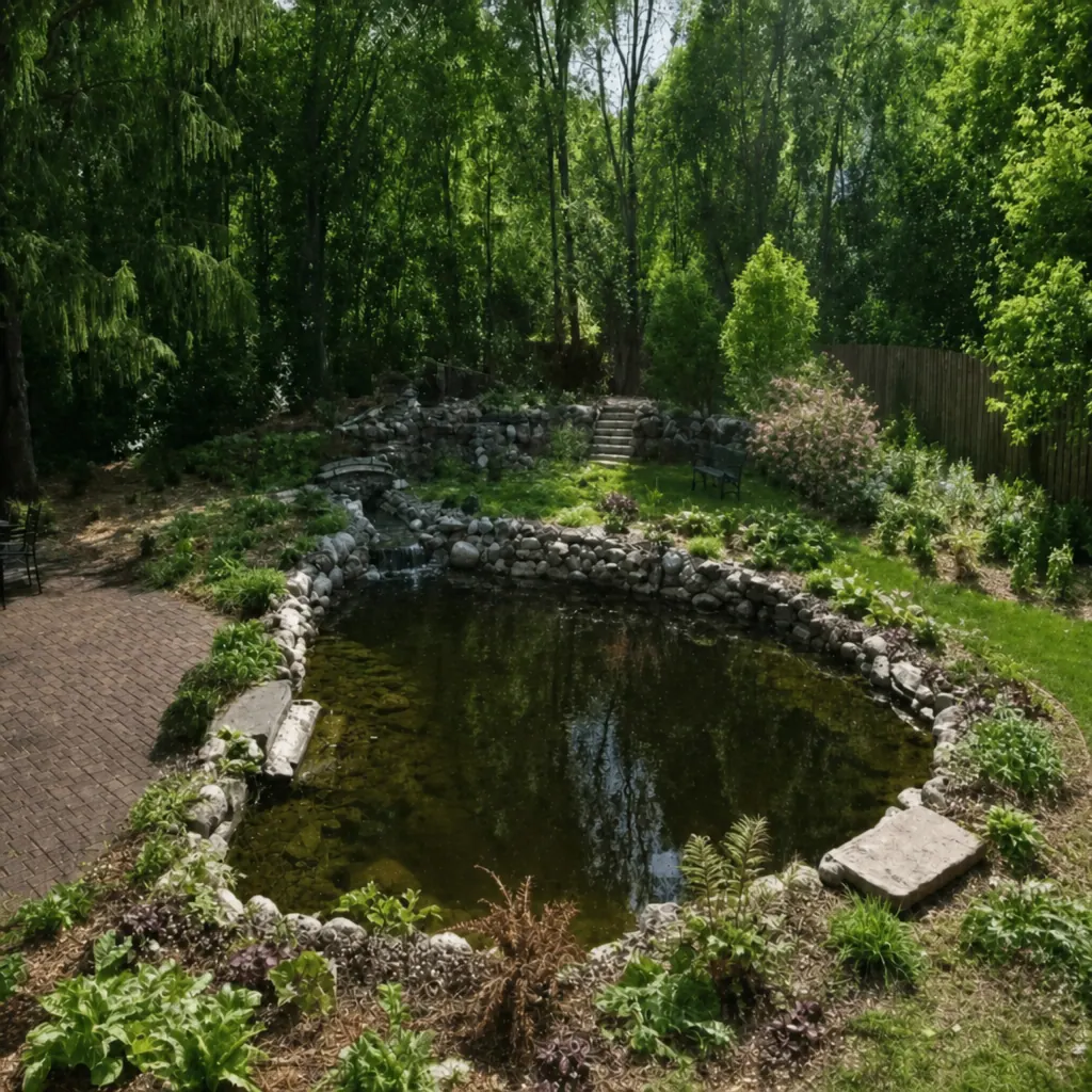 Large backyard pond with stream, stone bridge, and surrounding gardens